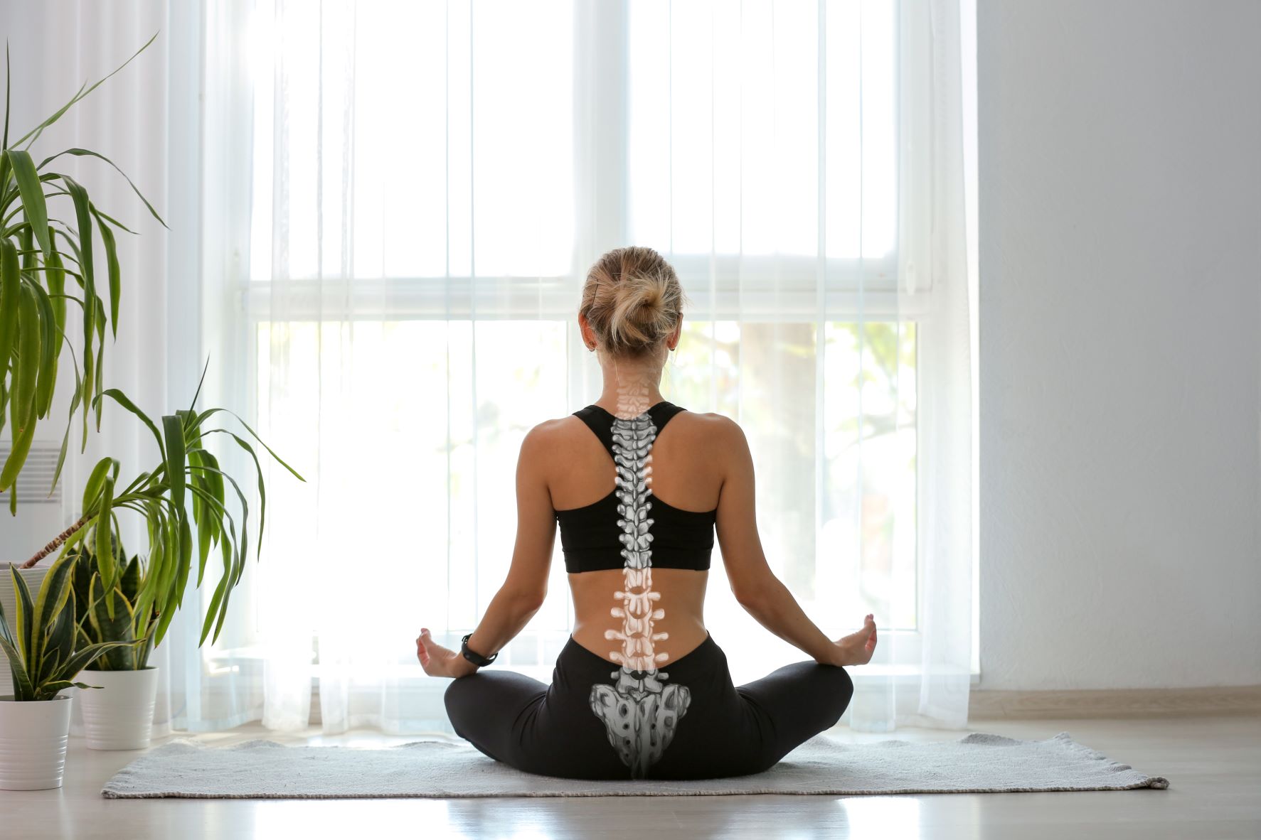 Woman stretching with spine animation.